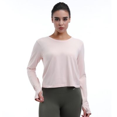 Camiseta de manga comprida cortada com buracos no polegar leve ventilada elegante